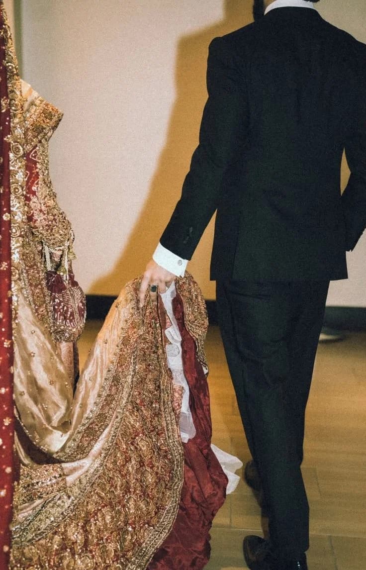 The bride's train carried behind her across the floor