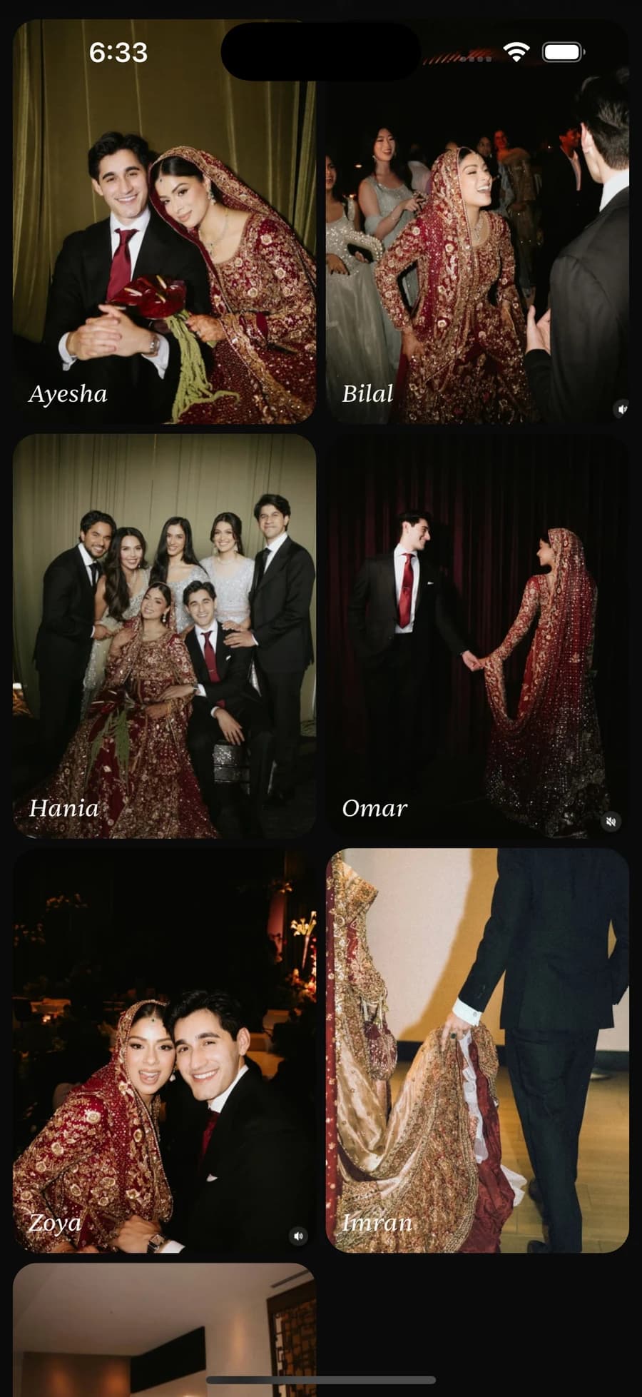 The Relive app showing the finished album, each photo labelled with the guest who took it