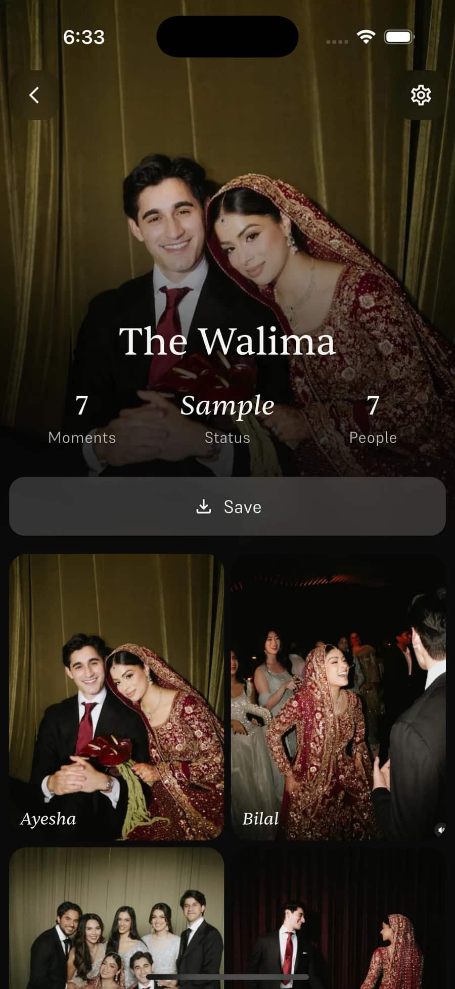 The Relive app showing a finished wedding album, with every guest's photos and who took them