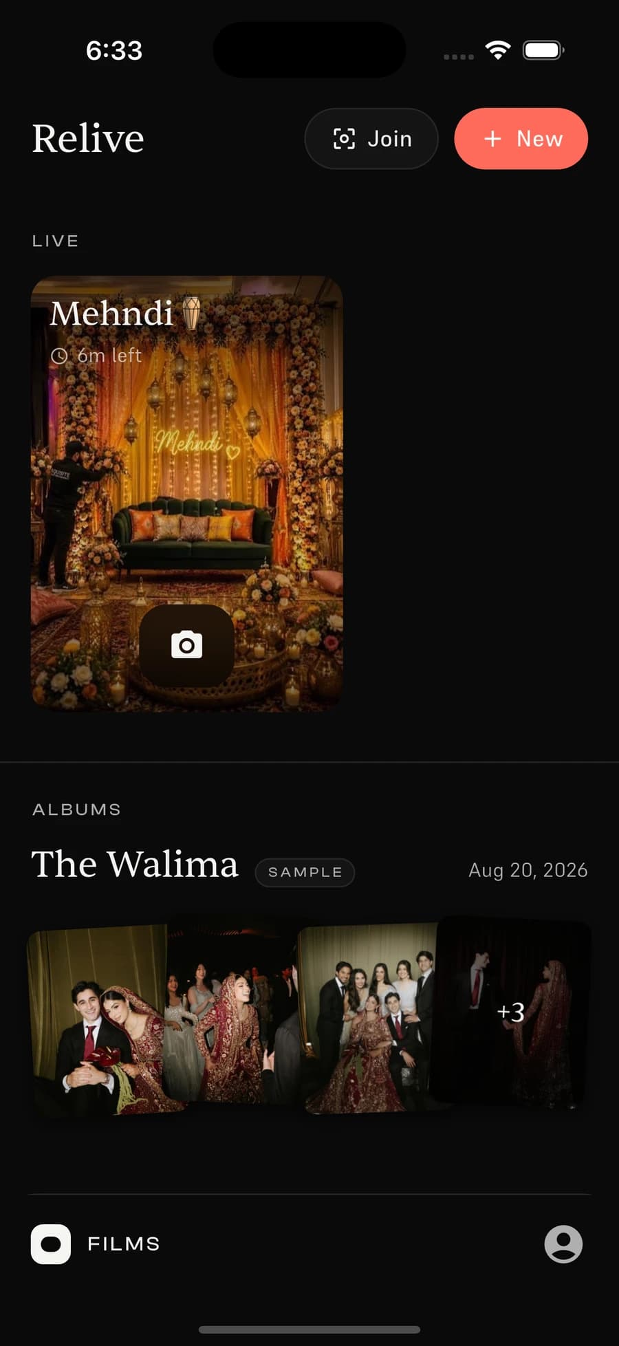 The Relive app showing an event in progress, with a camera and the time left to shoot