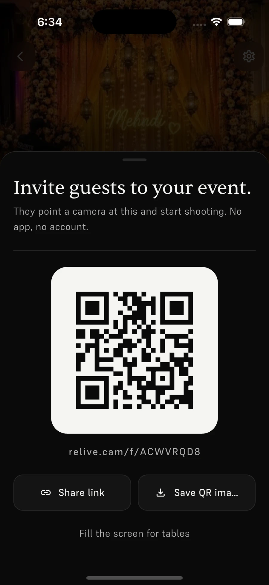 The Relive app showing a QR code for guests to scan and a button to share the link